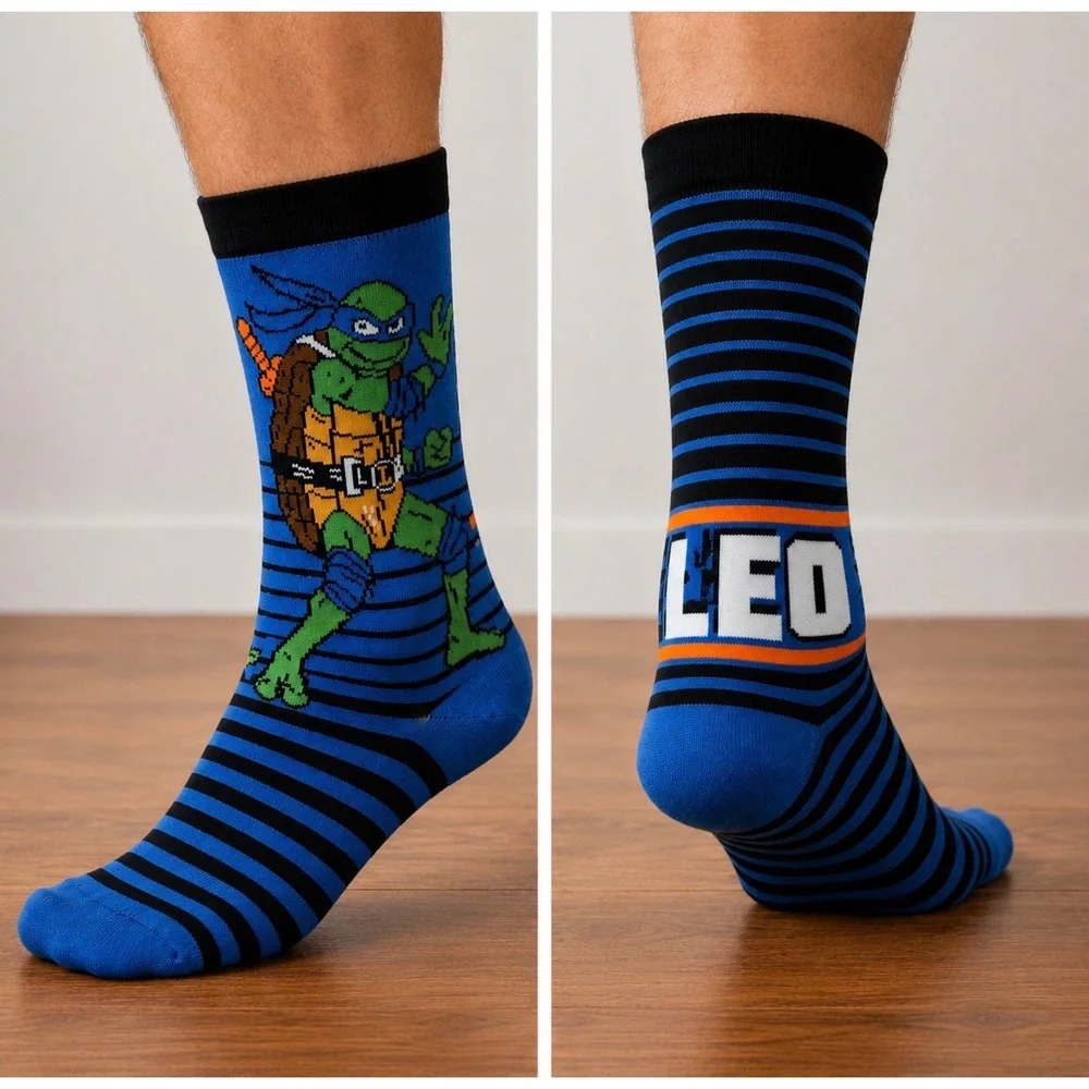 NEW Nickelodeon TMNT‎ Leonardo Crew Socks Mens 6-12 Blue Striped Mutant Mayhem